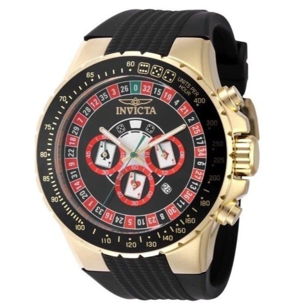 Mens Invicta Aviator Casino Monte Carlo 50mm Black Silicon Band & Gold Trim